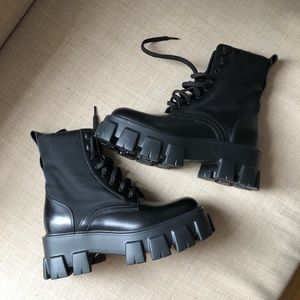 Prada Monolith Leather and Nylon Black Chunky Lug Sole Lace Up Boots Size 37